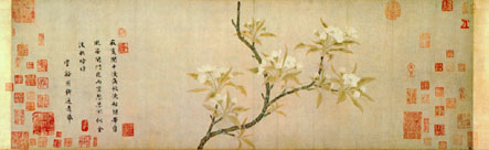 Pear Blossoms, ca. 1280
Qian Xuan (ca. 1235–before 1307) 
Handscroll; ink and color on paper; 12 1/4 x 37 1/2 in. (31.1 x 95.3 cm)
Ex coll.: Sir Percival David
Purchase, The Dillon Fund Gift, 1977 (1977.79) 
