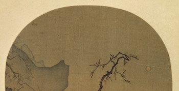 Viewing Plum Blossoms by Moonlight
Ma Yuan (active ca. 1190–1225)
Fan mounted as an album leaf; ink and color on silk; 9 7/8 x 10 1/2 in. (25.1 x 26.7 cm)
Gift of John M. Crawford Jr., in honor of Alfreda Murck, 1986 (1986.493.2)
